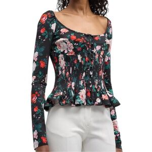 Paco Rabanne Black Floral Corset-Style Blouse, Size 44 US 12